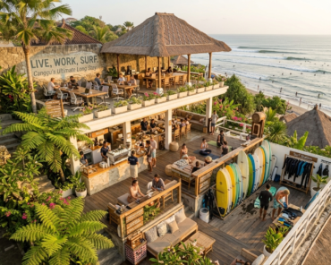 A multi-level beachfront coworking space in Canggu, Bali, featuring people working on laptops, a surf station with colorful surfboards, and a cafe overlooking the ocean.