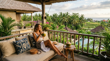 A woman relaxing on a wooden balcony sofa in Bali, holding a fresh coconut drink and looking out over rice terraces and palm trees.