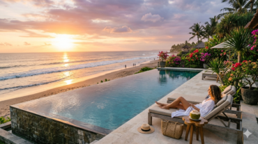 Woman relaxing by an infinity pool at sunset.