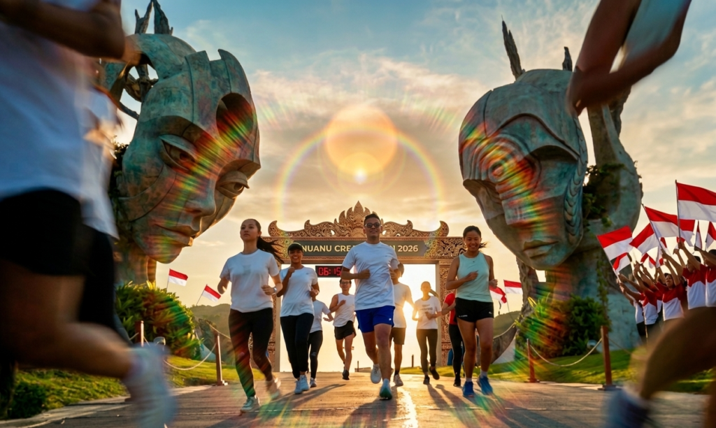 A group of people running on a paved path at sunrise, passing between two massive, artistic stone head sculptures.