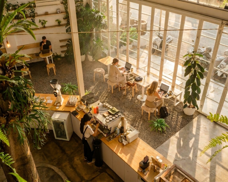 High-angle view of a sunlit tropical cafe interior with people working on laptops, a barista at the counter, and lush indoor plants.