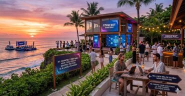 Digital nomads networking at Bali resort during Coinfest 2026 sunset