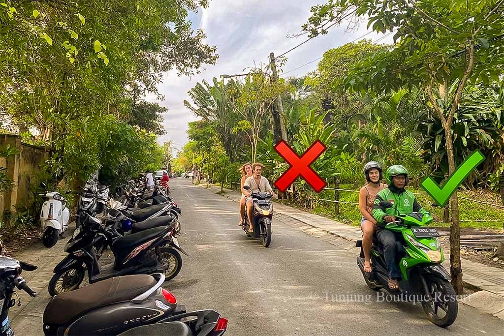Legal Gojek ride hailing alternative marked with green check vs illegal scooter riding under Bali tourist motorbike ban.