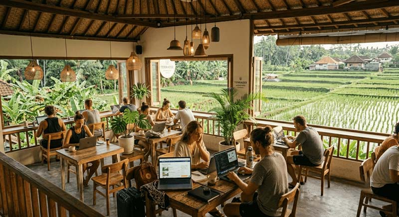 Digital nomads working on laptops inside a tropical coworking cafe in Bali