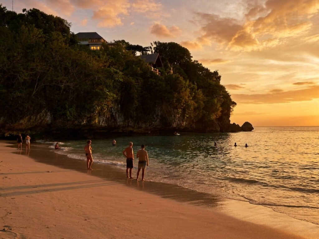 People relaxing on the sandy shore of Padang Padang Beach in Bali during a golden sunset