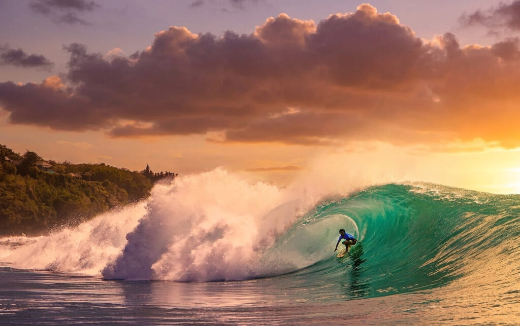 A professional surfer riding inside a massive turquoise barrel wave during the Rip Curl Padang Padang competition in Bali at sunset.
