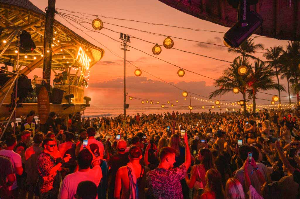 Canggu nightlife at Finns Beach Club showing a glamorous party atmosphere.