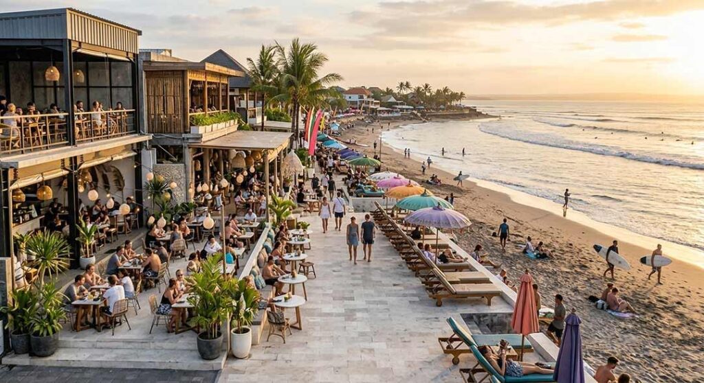 Busy beachfront café and beach in Canggu, Bal