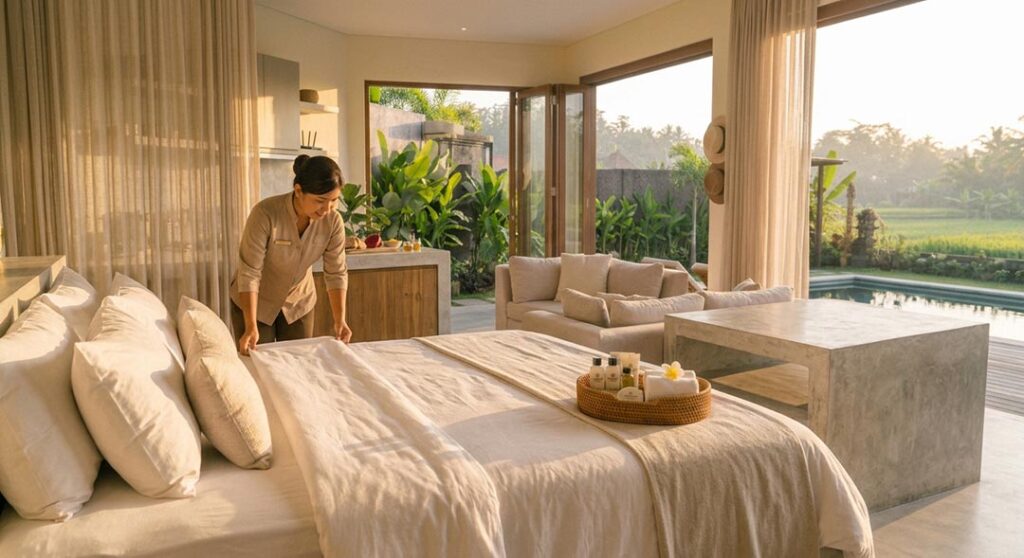 A resort housekeeper in uniform neatly making a bed with white linens in a sunlit villa bedroom overlooking a pool.