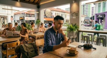 A young Asian male traveler sitting at a open-air cafe table, thoughtfully browsing his smartphone with a cup of tea, camera, and backpack nearby as city buses pass outside.