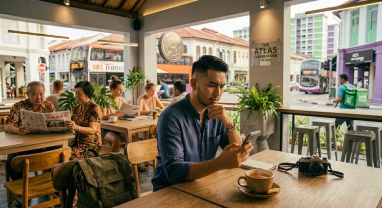 A young Asian male traveler sitting at a open-air cafe table, thoughtfully browsing his smartphone with a cup of tea, camera, and backpack nearby as city buses pass outside.