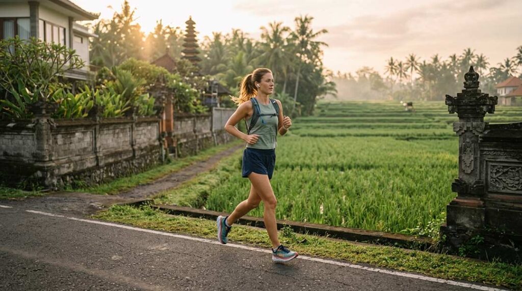 A woman in sportswear running along a quiet road flanked by green rice fields and Balinese architecture during golden hour.