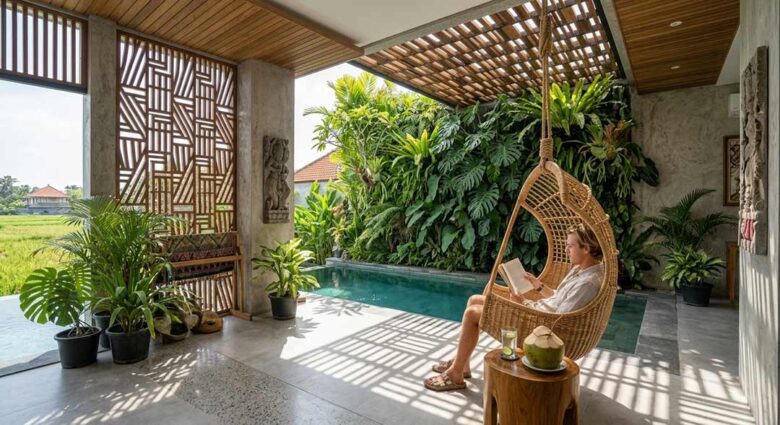 A man reads a book in a hanging rattan chair by a private pool in a Tumbak Bayuh villa.