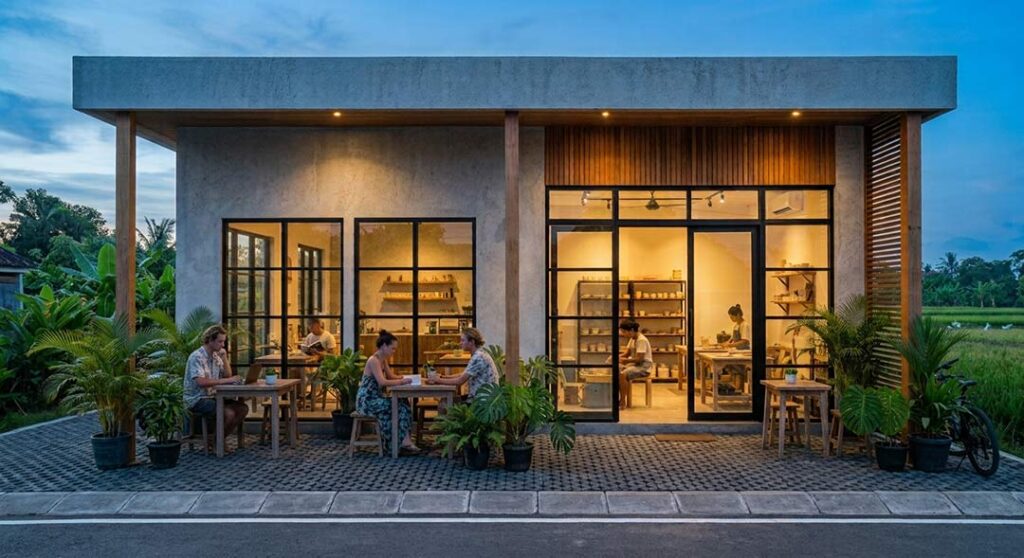 Modern open-air cafe and pottery studio with people relaxing and working outdoors next to Bali rice fields at twilight.