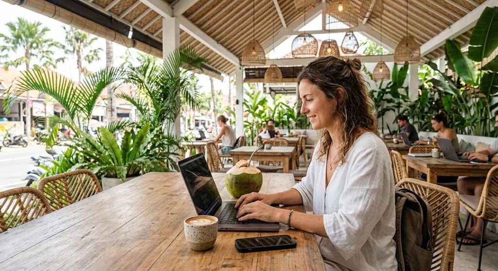Digital nomad working from a laptop in a tropical Canggu café.
