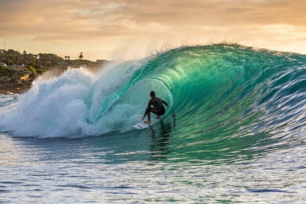 A male surfer riding inside a glowing turquoise wave barrel at seseh beach bali during a golden sunset.