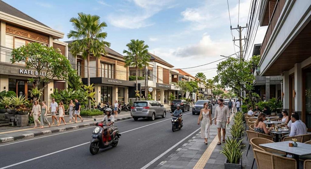 A realistic photograph of a bustling street in Seminyak, Bali, featuring a "KAFE BALI" sign on the left, a "WARUNG" sign on the right, and various pedestrians and scooters at sunset.