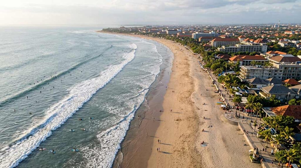 High aerial drone perspective showing why Kuta still worth visiting, featuring the long curving golden sand beach, surfing waves, and vibrant coastline in Bali.