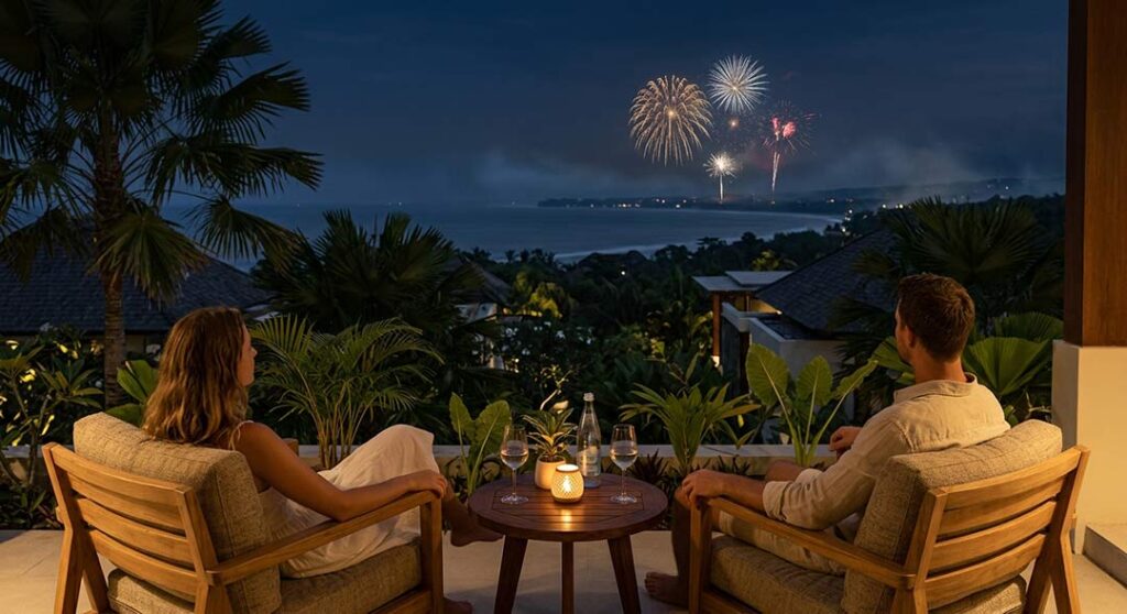 A couple relaxing on a resort balcony watching distant fireworks over the ocean during Bali New Year celebrations.