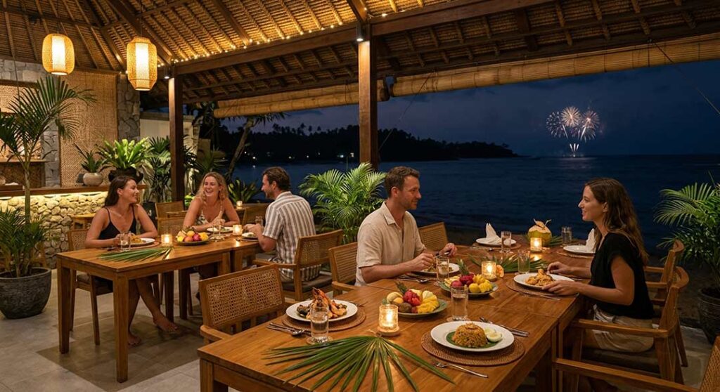 Guests enjoying dinner beside a decorated Christmas tree with distant fireworks during festive celebrations in Bali.