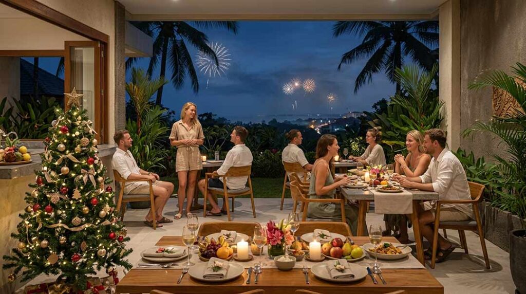Guests enjoying dinner beside a decorated Christmas tree with distant fireworks during festive celebrations in Bali.