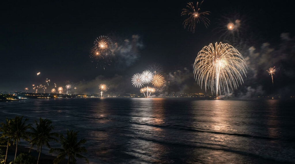 A dramatic wide view of coastal fireworks illuminating the ocean during Bali New Year celebrations.