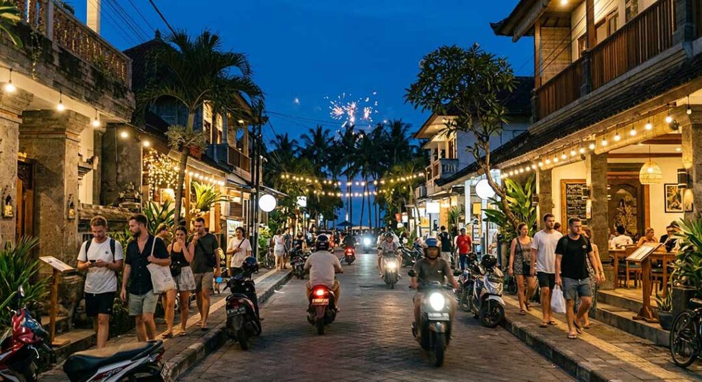 Pedestrians and scooters on a brightly lit street during Bali New Year celebrations with distant fireworks.