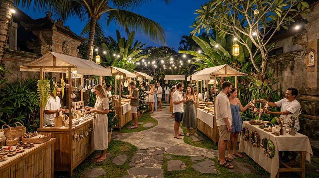 Visitors browsing wooden stalls at a cozy tropical evening market during festive celebrations in Bali.