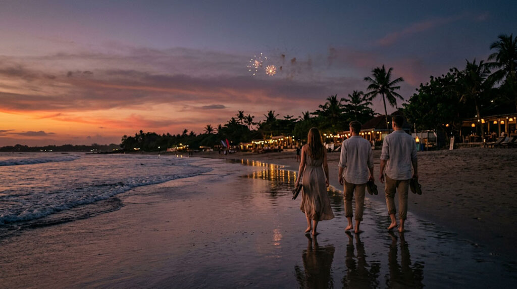 Three people walking barefoot along a Bali beach shore at sunset with distant fireworks in the sky.