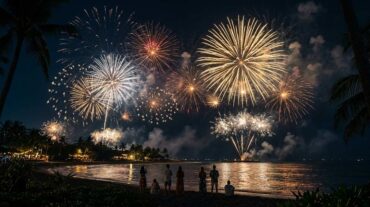 Fireworks display over the ocean at a Bali beach on New Year's Eve with silhouettes of people watching.