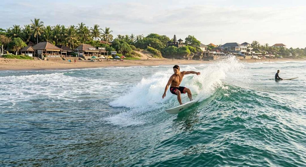 A shirtless surfer carving on a clean ocean wave along the Canggu coastline in soft morning light.