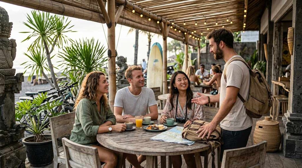 A solo traveler with a backpack greeting other travelers sitting around a table at an open-air cafe in Canggu for solo travelers.