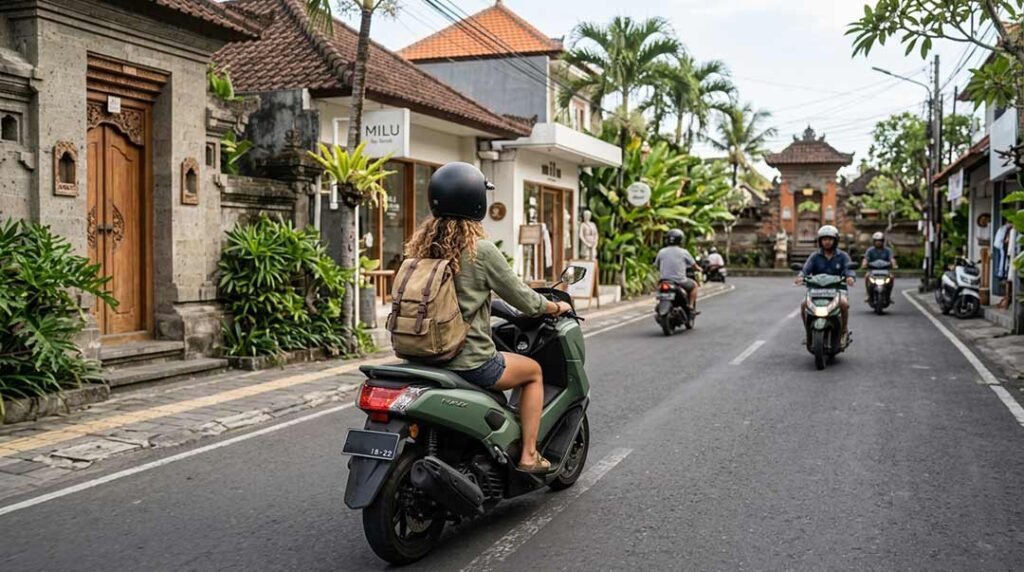 Female solo traveler wearing a helmet riding a scooter down a street in Canggu for solo travelers in Bali.