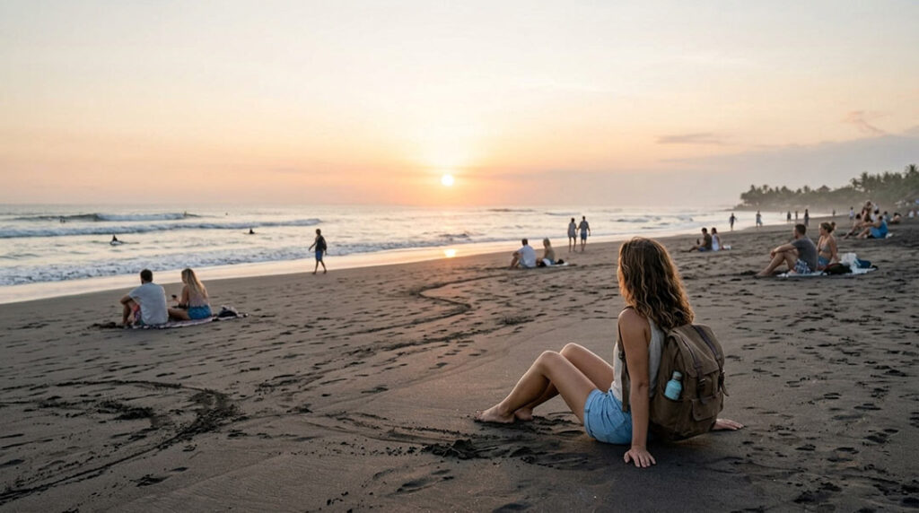 Solo traveler sitting on the black volcanic sand beach in Canggu for solo travelers, watching the warm sunset over the ocean in Bali.