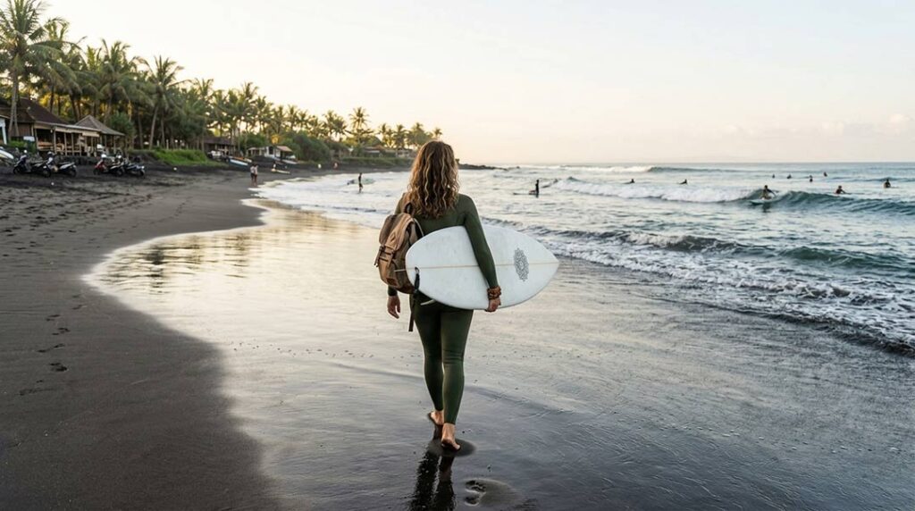 Female solo traveler holding a surfboard and walking along the shoreline in Canggu for solo travelers in Bali.