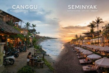 A side-by-side visual comparison of Canggu and Seminyak beaches in Bali, showing casual coastal cafés on the left and luxury beachfront clubs on the right.