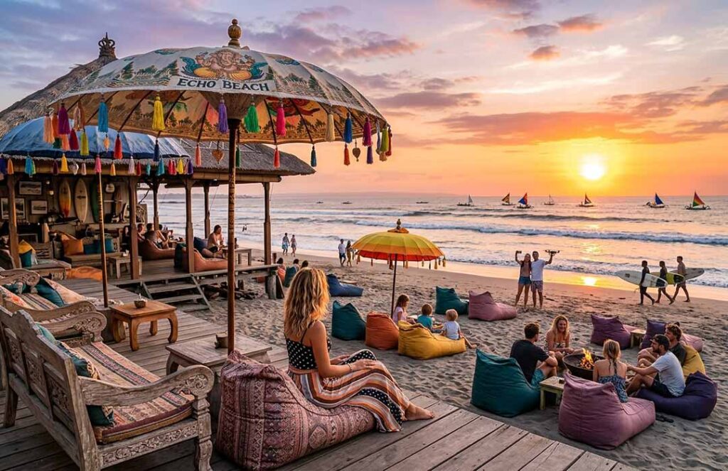 A woman on a wooden deck in Bali, watching the sunset over Echo Beach.