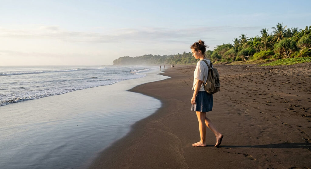 A young female traveler is walking barefoot on the dark volcanic sand of Seseh Beach Bali at sunrise, carrying a canvas backpack and looking towards the Indian Ocean.