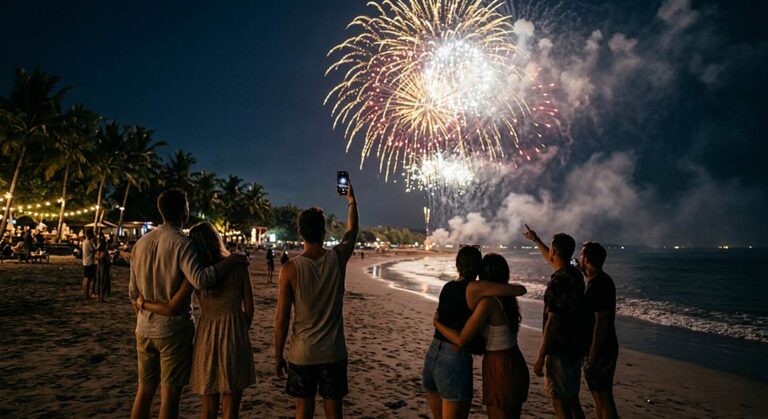 A group of friends seen from behind watching a large fireworks display on a beach at night.