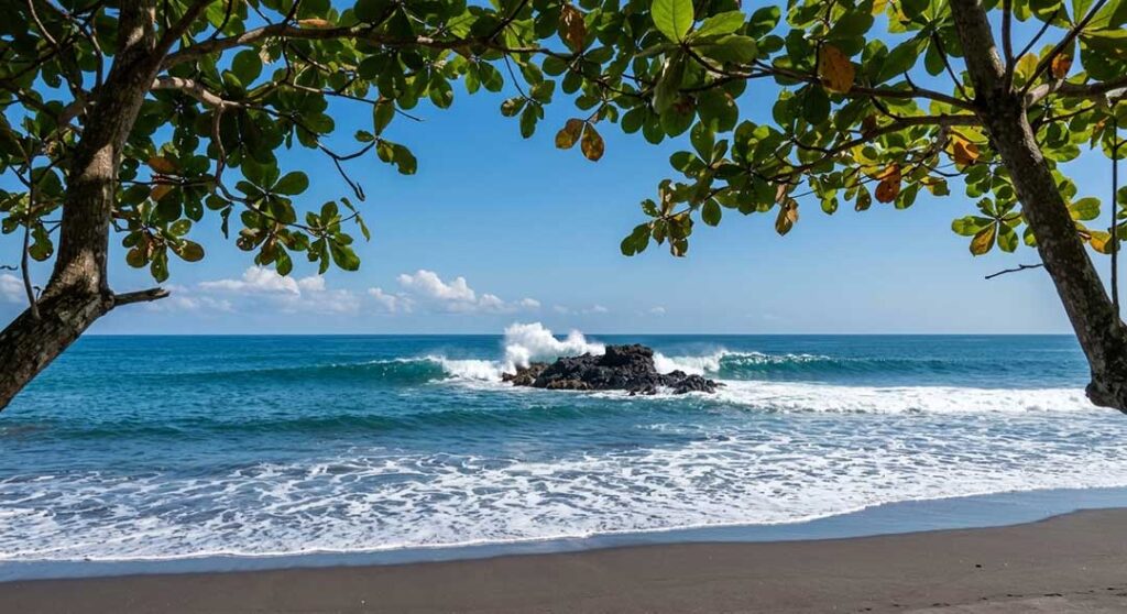 A low-angle view looking out from under a leafy tree canopy toward the blue Indian Ocean. Waves are crashing around a central offshore rock formation at Munggu Beach, Bali.