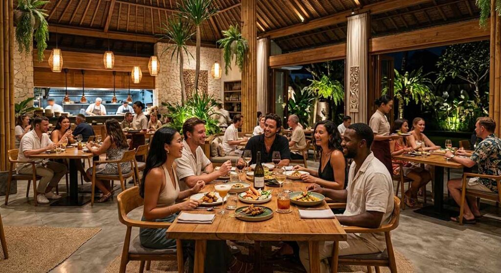 Guests dining inside an elegant upscale restaurant in Seminyak, Bali, with warm ambient lighting and tropical wood architecture.