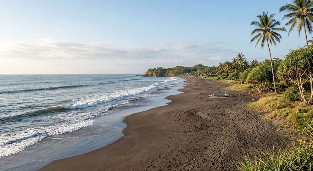 A scenic view of Seseh Beach in Bali at sunrise, showing black sand, waves, a traditional jukung boat, and palm trees.