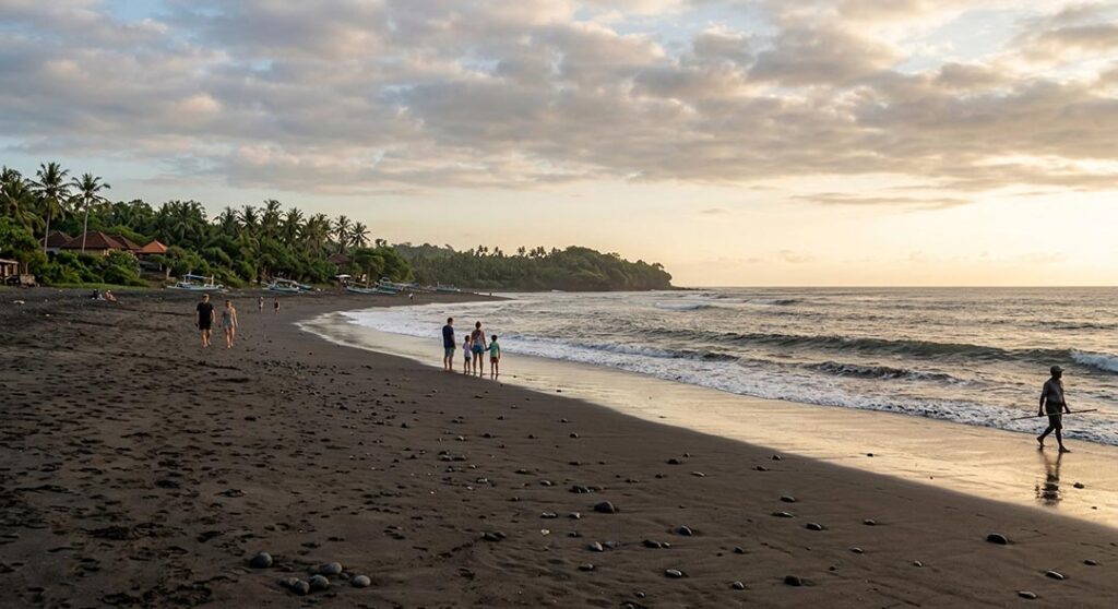 A wide landscape photograph capturing the unique black sand shoreline of Seseh Beach, Bali, at sunrise, featuring several small groups of people and a local fisherman with outrigger boats nestled under palm trees.