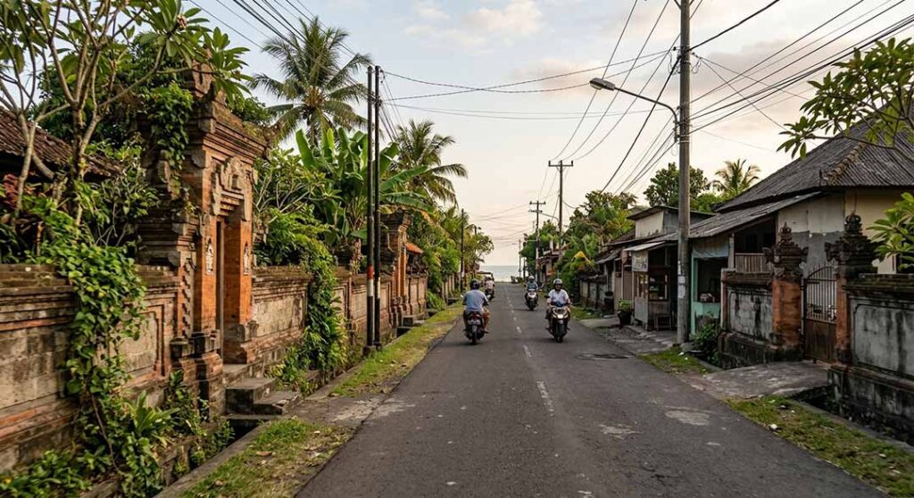 Motorbikes riding down a village road lined with traditional stone gates toward seseh beach bali at sunset.