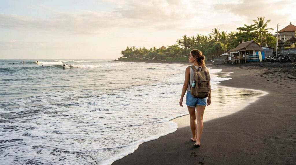Solo traveler walking along a black sand beach in Canggu during the early morning.