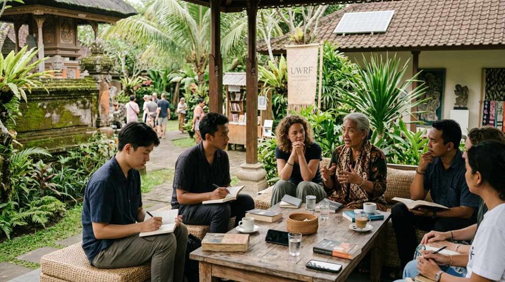 Diverse group of people sitting around a wooden table in an outdoor Balinese garden setting during a literary discussion.