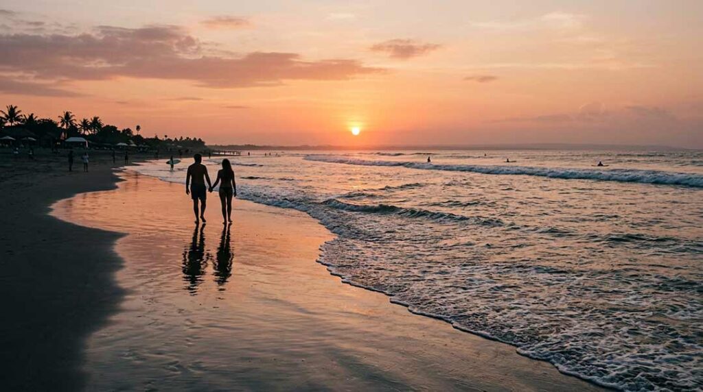Silhouette of a couple walking along the wet, reflective sandy shoreline during a warm sunset in Bali.