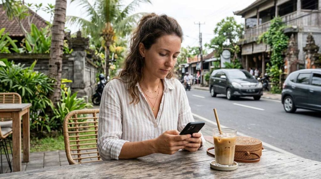 A traveler sitting at an outdoor cafe in Canggu using a smartphone to arrange transportation next to an iced coffee.