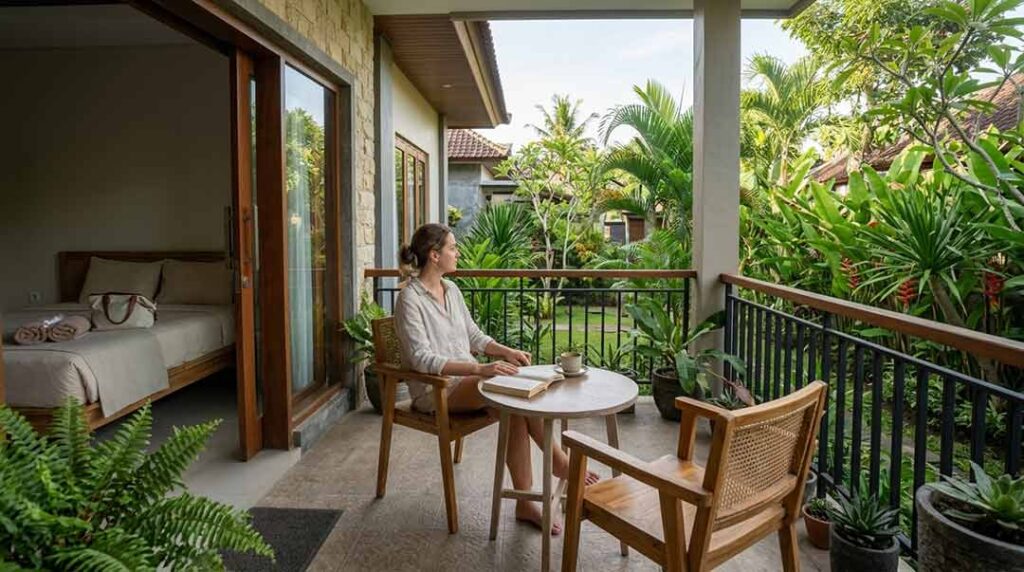 A woman sitting in a wooden chair on a private balcony, drinking coffee and looking out at a lush tropical garden in Bali.
