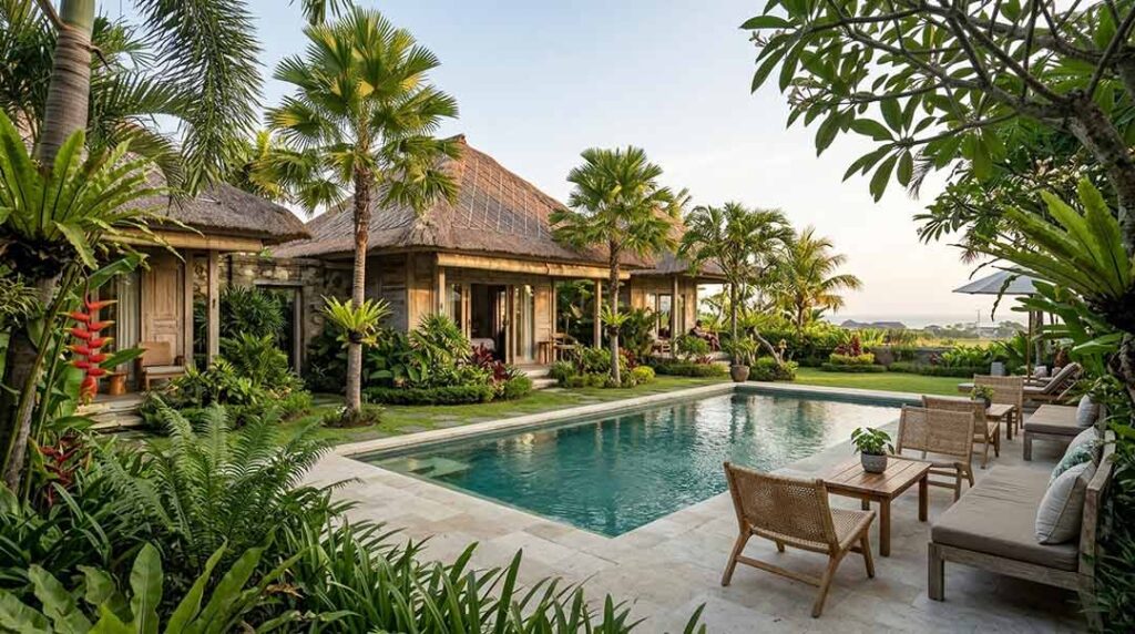 A boutique tropical guesthouse in inland Bali featuring a swimming pool, wooden architecture, and lush green gardens.